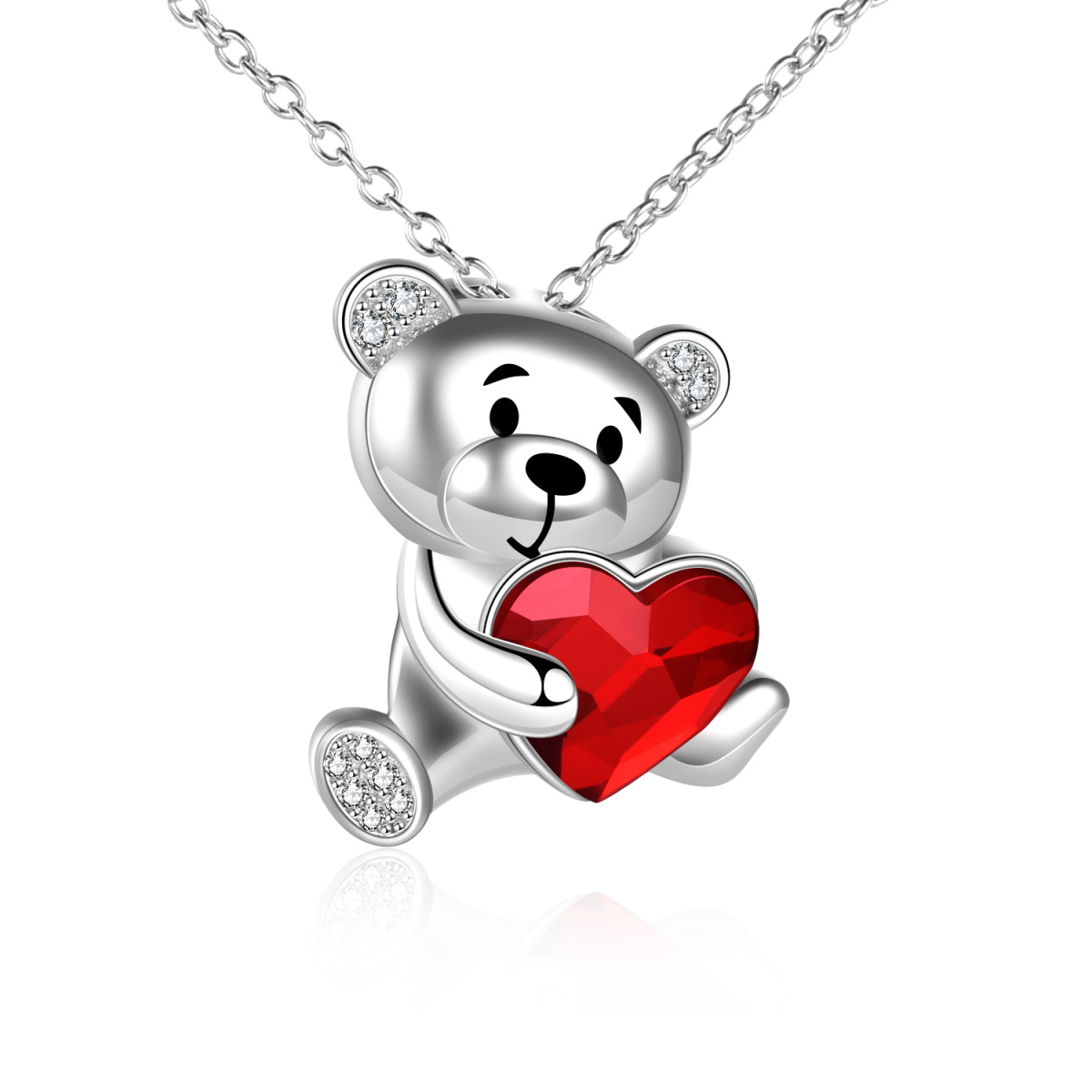 Sterling Silver Heart Crystal With Bear Pendant Necklace For Women-1