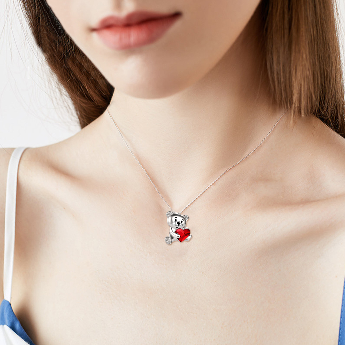 Collar con colgante de oso y cristal de corazón de plata de ley para mujer-2