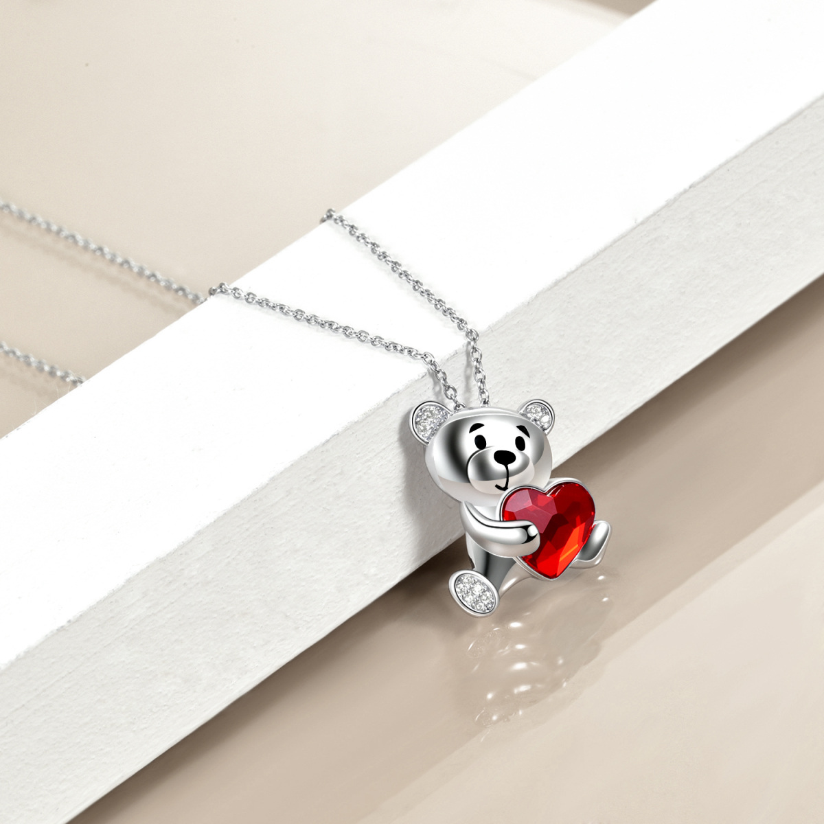 Collana da donna con ciondolo a forma di orso in cristallo a cuore in argento sterling-3