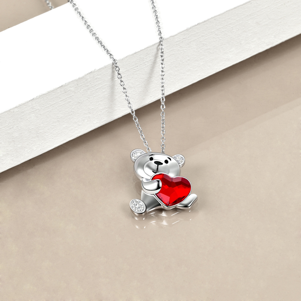 Sterling Silver Heart Crystal With Bear Pendant Necklace For Women-4