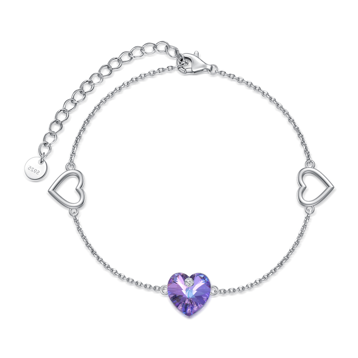 Sterling Silver Heart Shaped Crystal Birthstone Pendant Bracelet-1