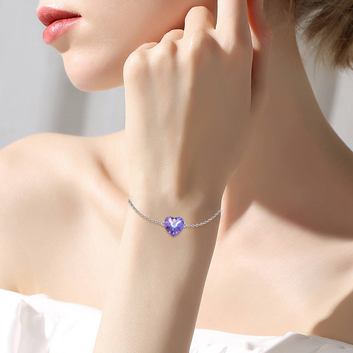 Pulsera de plata de ley con colgante de piedra de nacimiento de cristal en forma de corazó-2