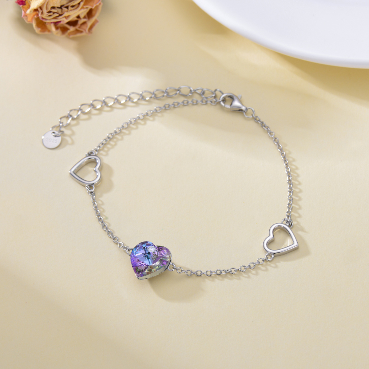 Sterling Silver Heart Shaped Crystal Birthstone Charm Bracelet-3