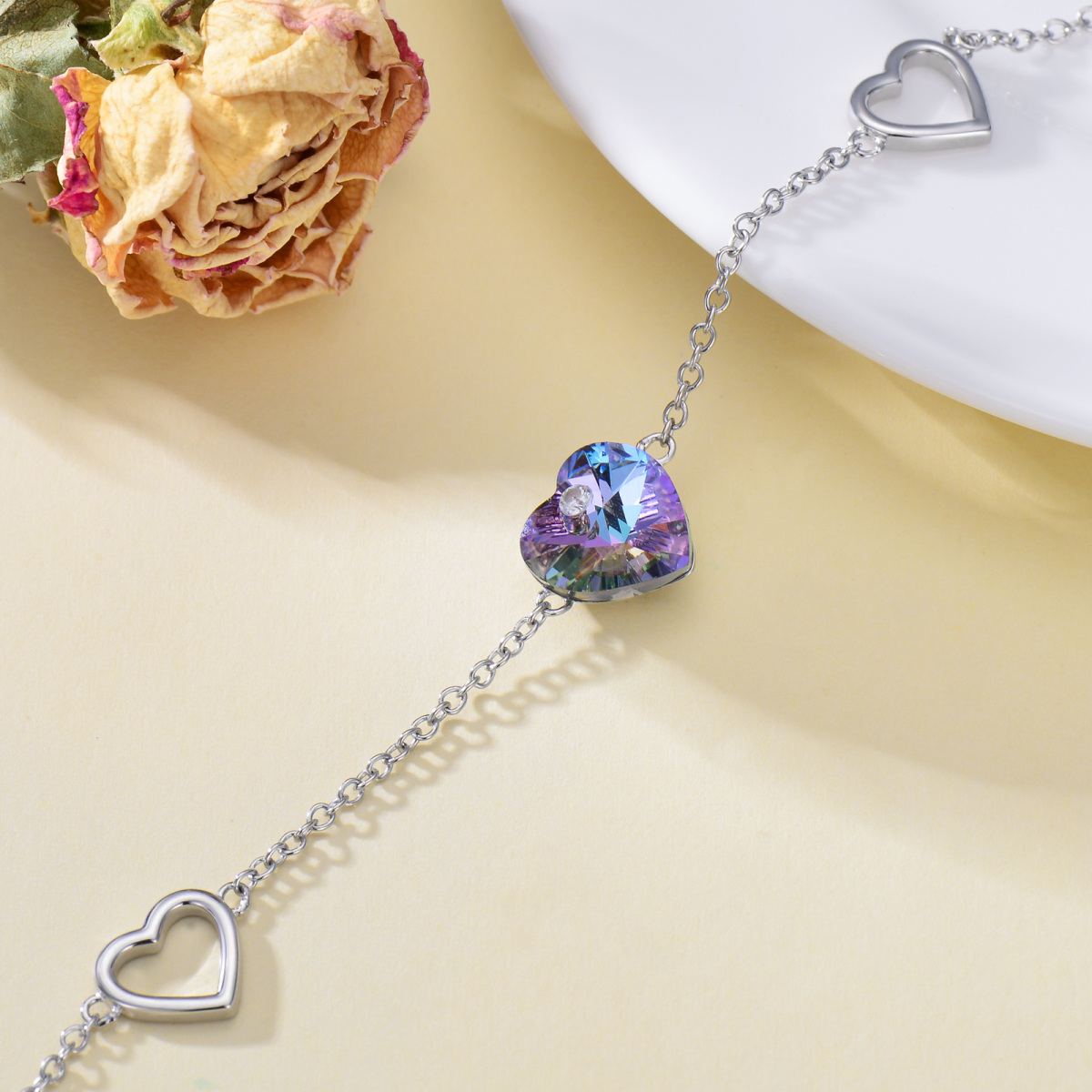 Sterling Silver Heart Shaped Crystal Birthstone Charm Bracelet-4