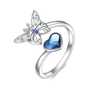 Sterling Silver Heart Shaped Crystal Butterfly Open Ring-14