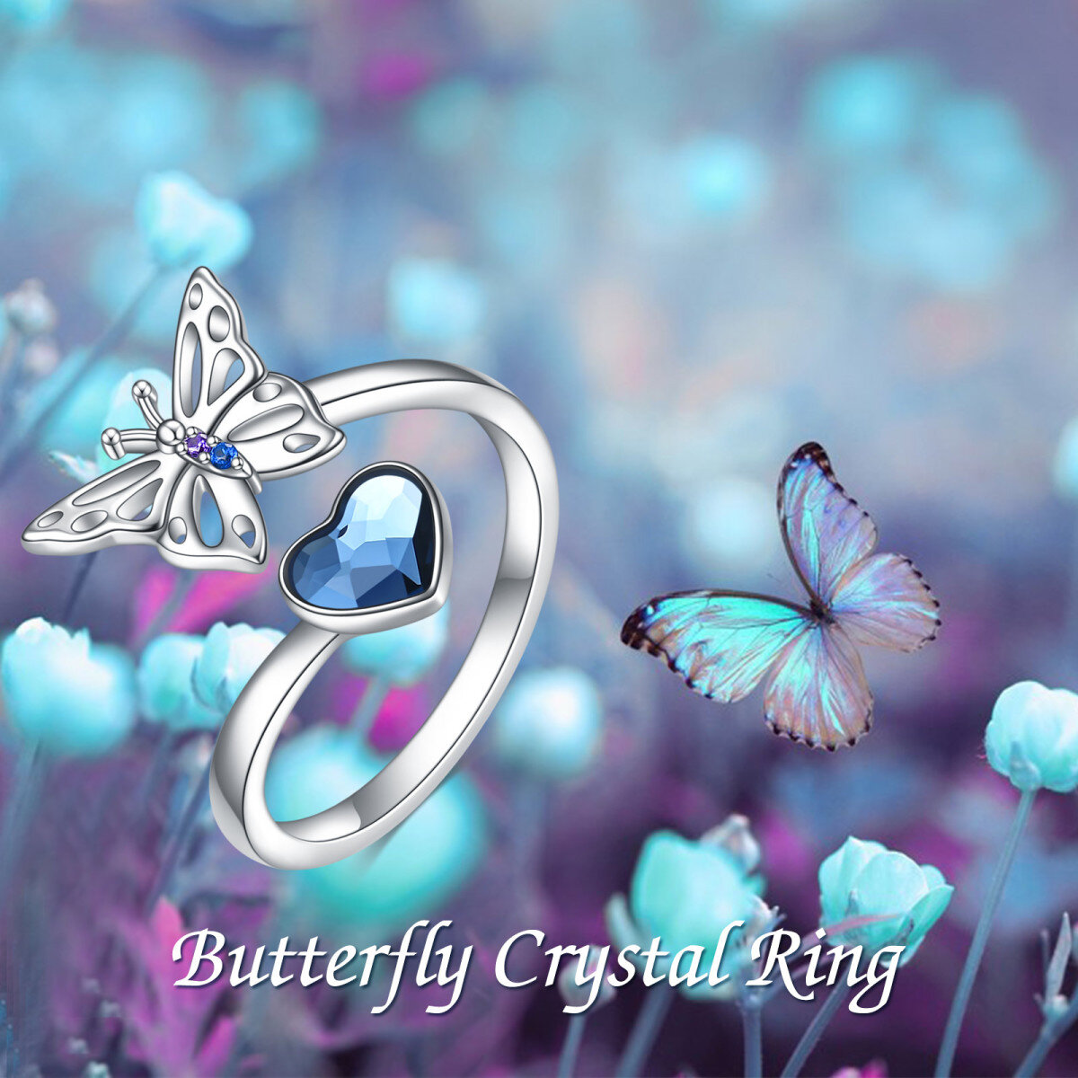 Sterling Silver Heart Shaped Crystal Butterfly Open Ring-5