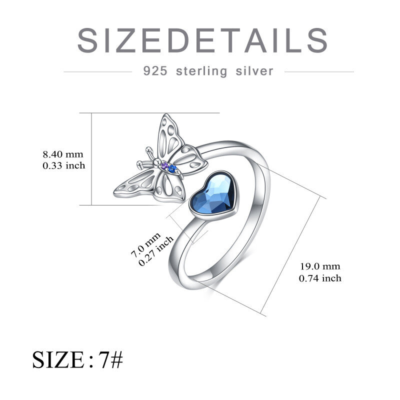 Sterling Silver Heart Shaped Crystal Butterfly Open Ring-6