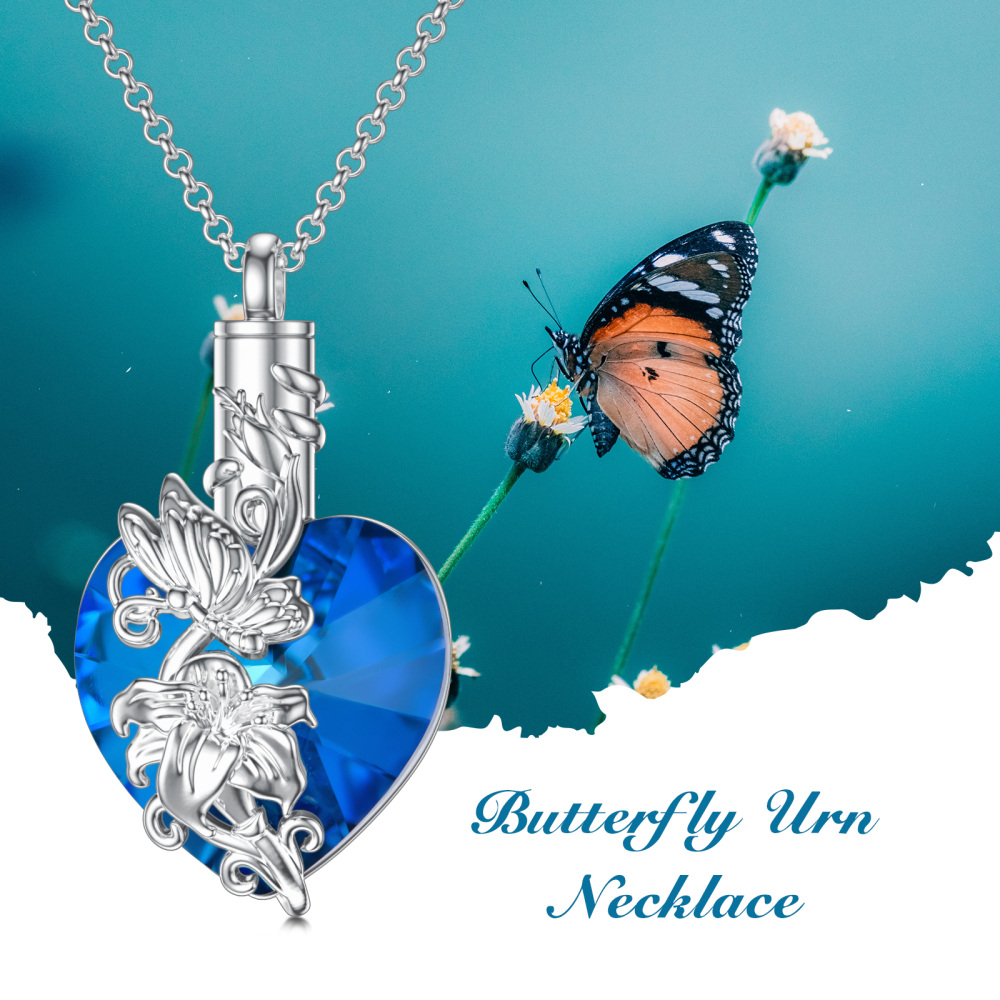 Sterling Silver Heart Crystal Butterfly Urn Necklace For Ashes For Women Best Friends-4