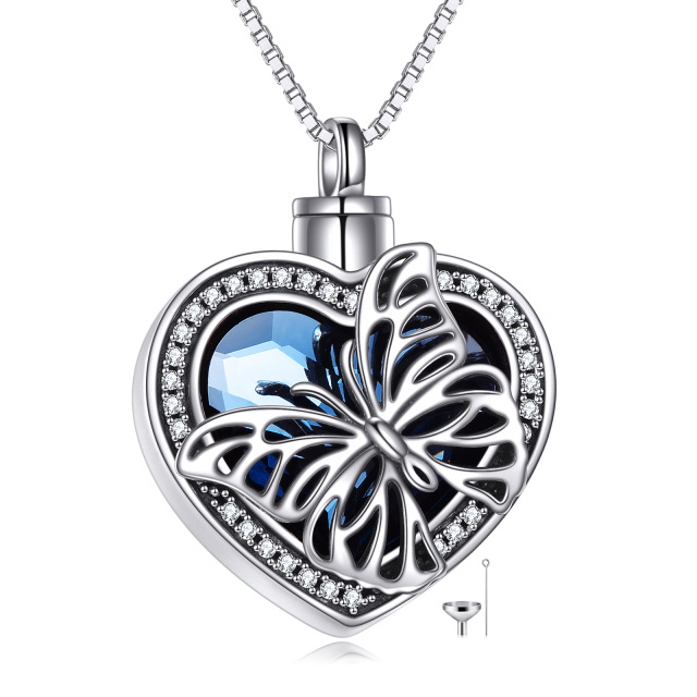 Collana con urna a farfalla in cristallo a forma di cuore blu in argento sterling per ceneri-1