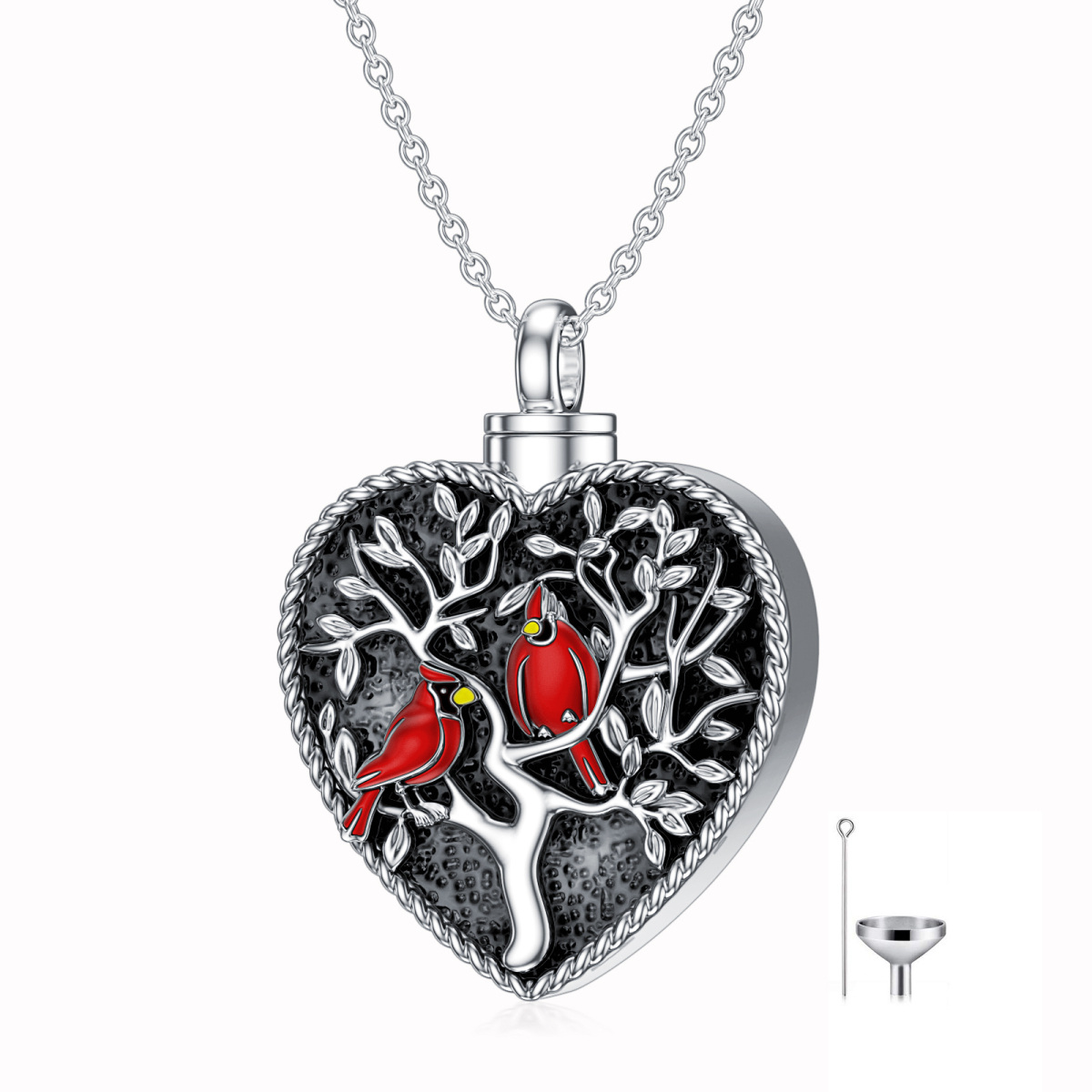 Sterling Silver Heart Shaped Crystal Cardinal & Tree Of Life & Heart Urn Necklace for Ashes-1