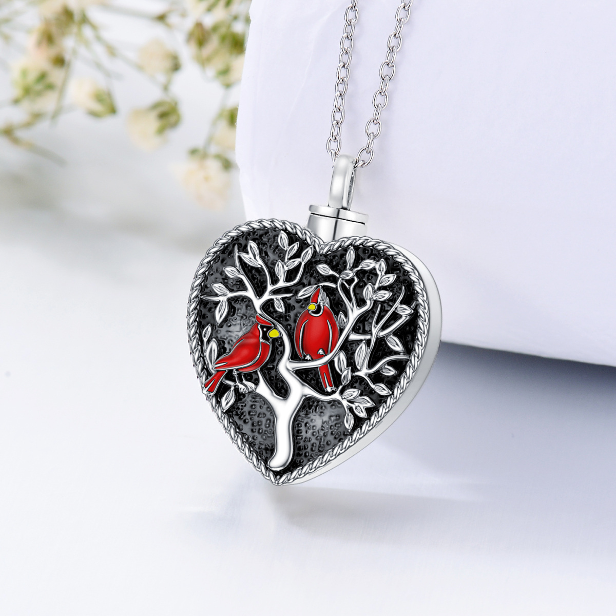 Sterling Silver Heart Shaped Crystal Cardinal & Tree Of Life & Heart Urn Necklace for Ashes-3