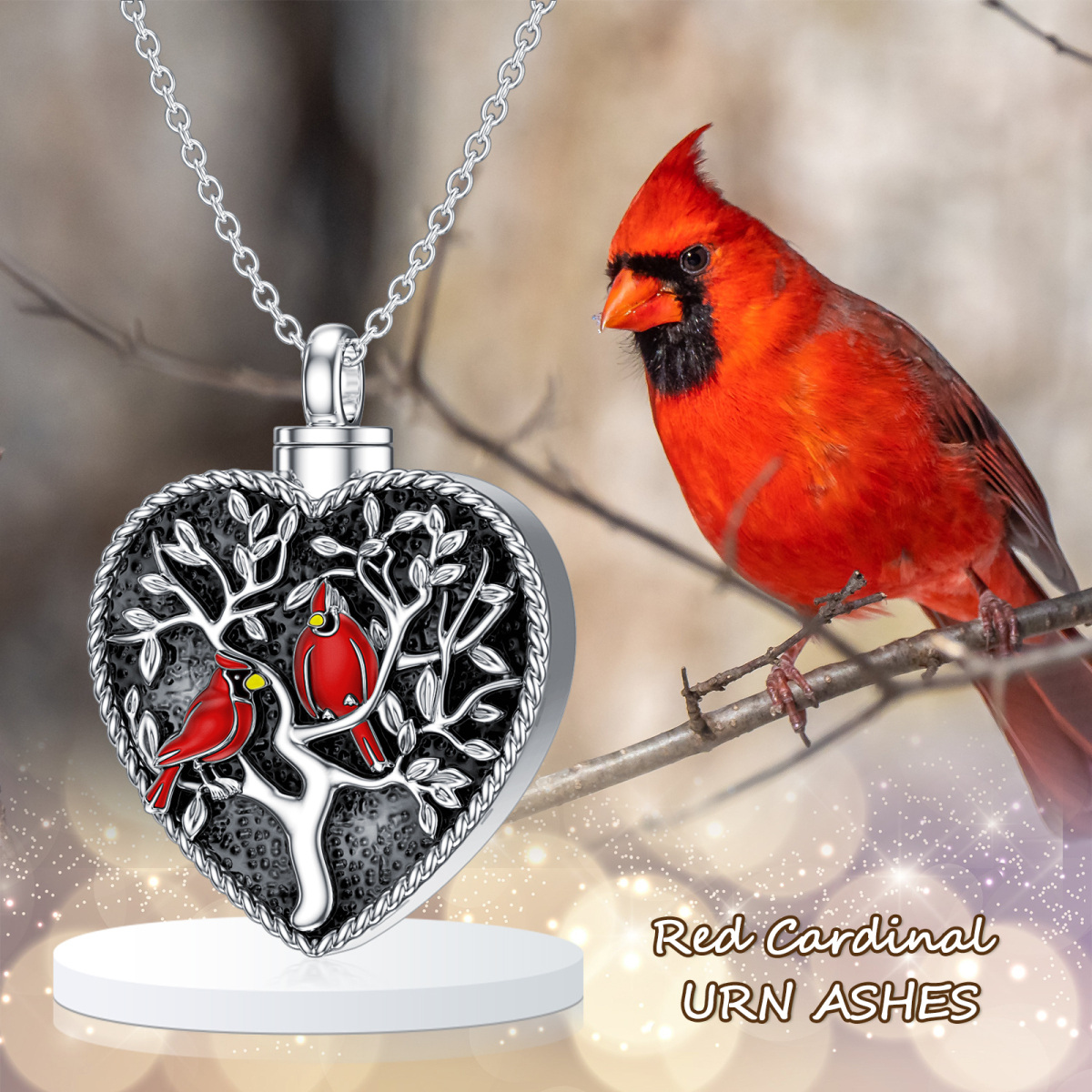 Sterling Silver Heart Shaped Crystal Cardinal & Tree Of Life & Heart Urn Necklace for Ashes-6