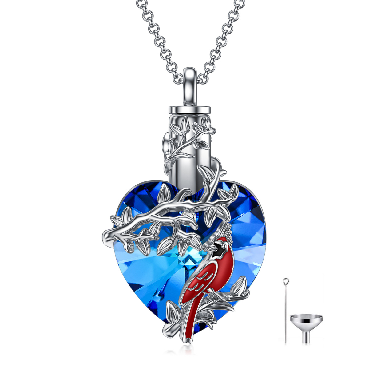 Collar de urna de plata de ley con forma de corazón cardenal y cristal azul para cenizas para mujer-1