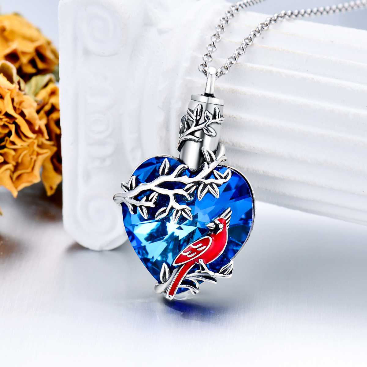 Collar de urna de plata de ley con forma de corazón cardenal y cristal azul para cenizas para mujer-3