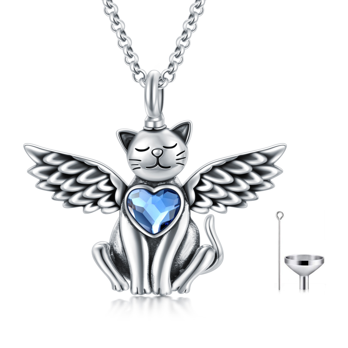 Sterling Silver Oxidized Cat & Angel Wing Urn Necklace For Ashes With Crystal-1