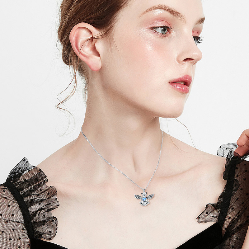 Collana in argento sterling ossidato con urna di gatto e ala d'angelo per ceneri con cristallo-2