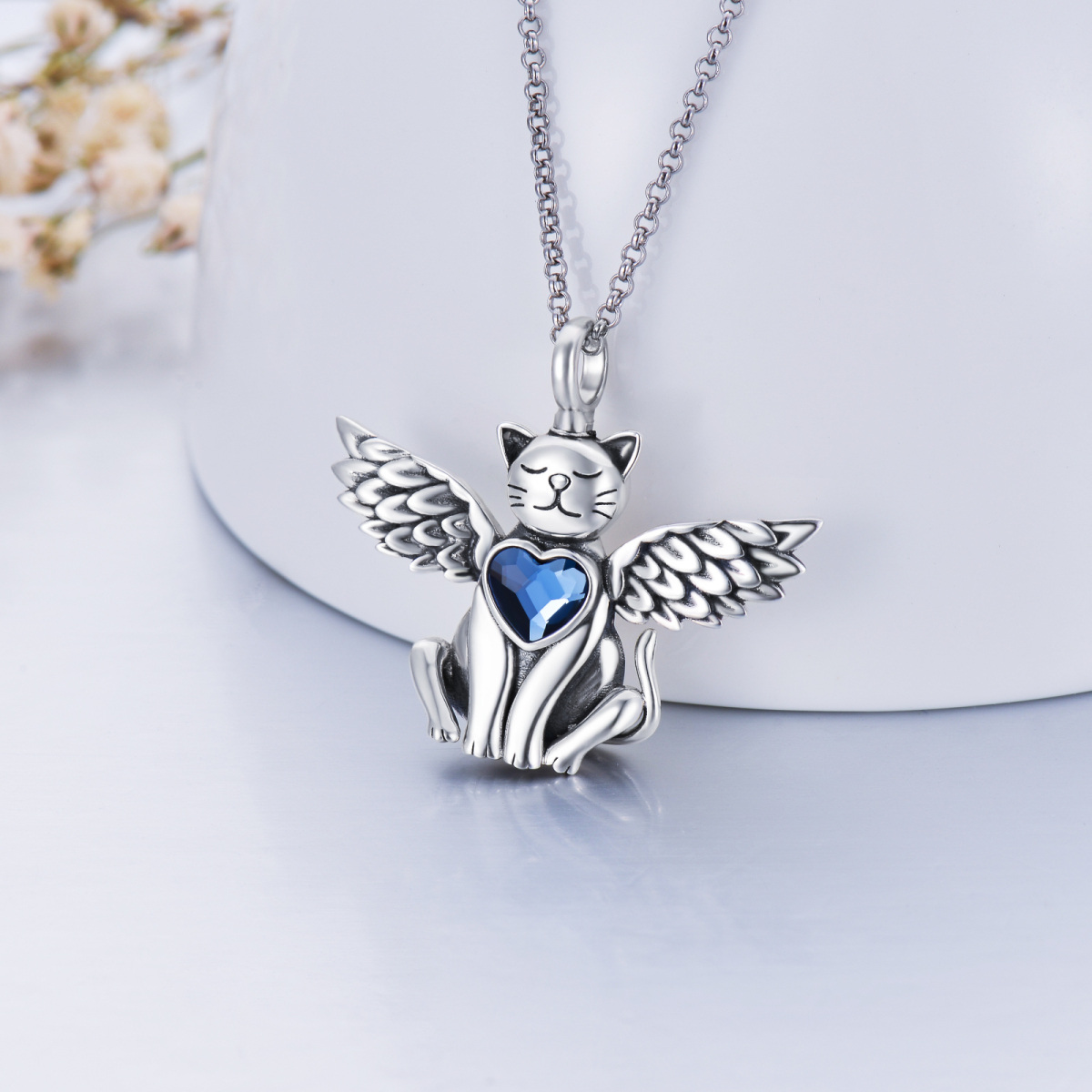 Sterling Silver Oxidized Cat & Angel Wing Urn Necklace For Ashes With Crystal-3