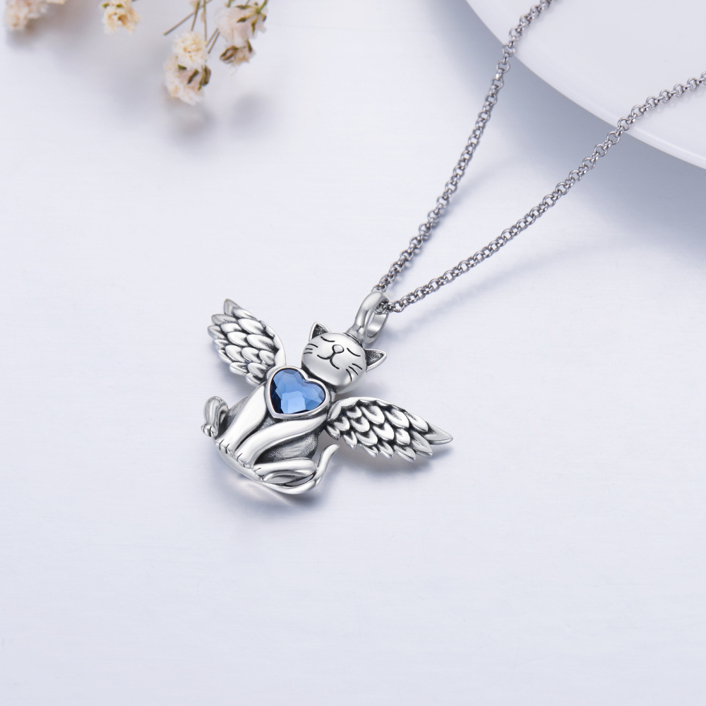 Sterling Silver Oxidized Cat & Angel Wing Urn Necklace For Ashes With Crystal-4