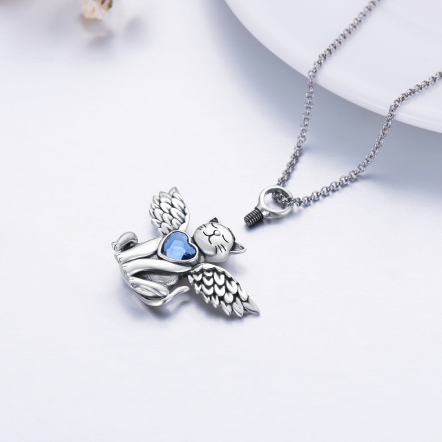 Collar de plata de ley en forma de corazón con alas de gato y ángel y urna de corazón-5