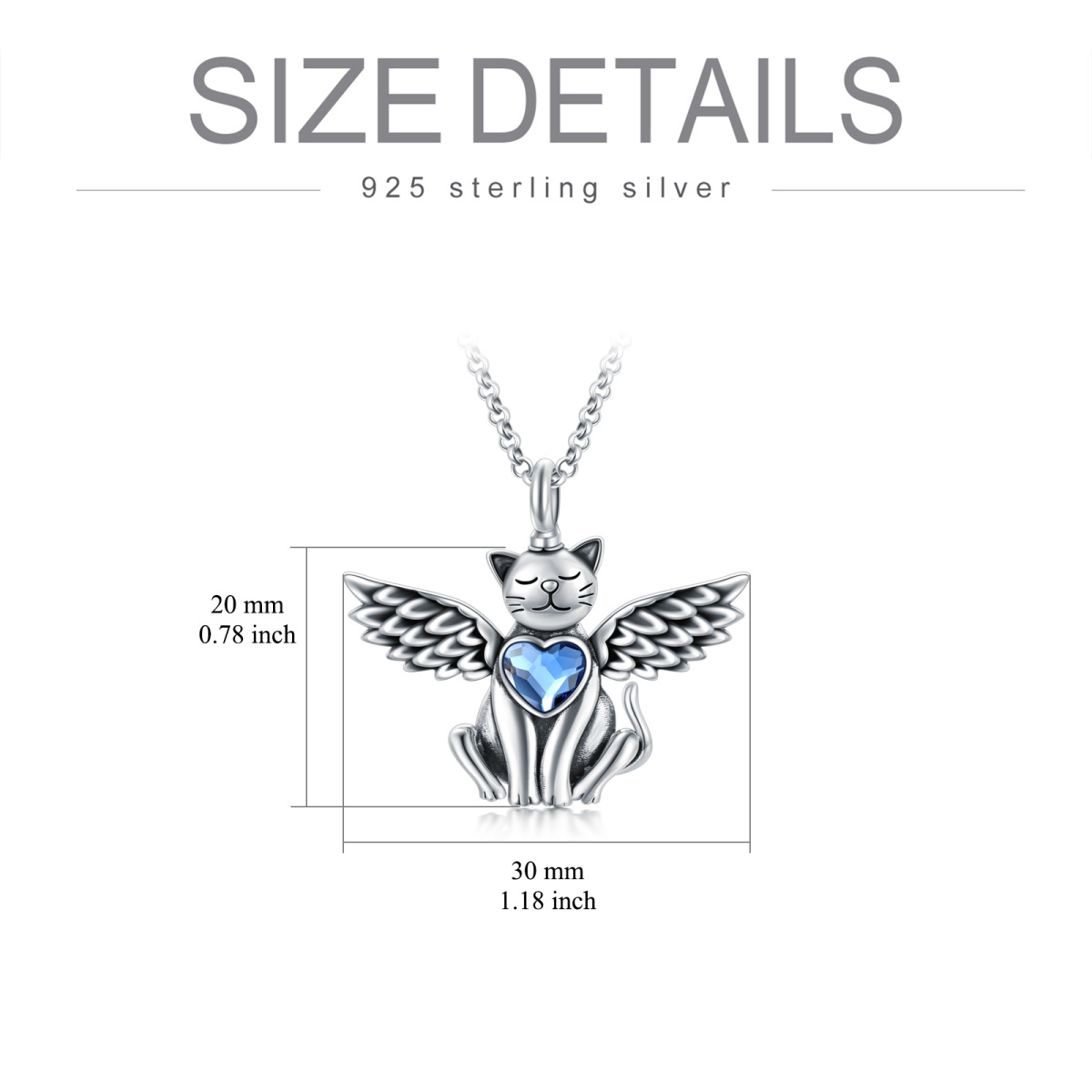 Sterling Silver Oxidized Cat & Angel Wing Urn Necklace For Ashes With Crystal-6