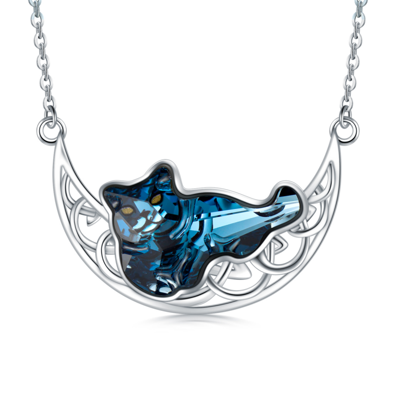 Sterling Silver Heart Crystal Cat Celtic Knot Moon Pendant Necklace For Women-1