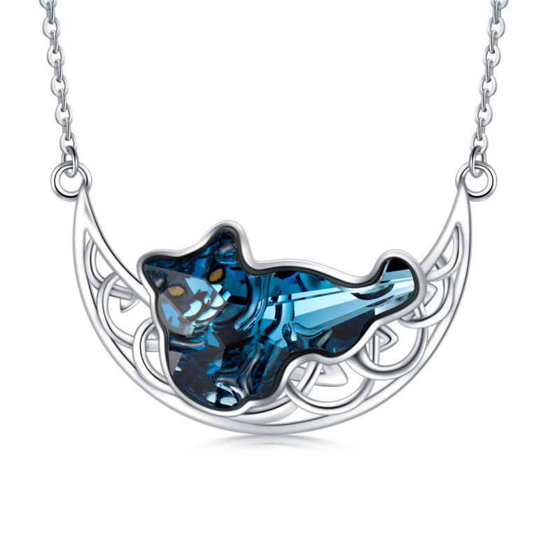 Collar con colgante de luna y nudo celta de gato y cristal de corazón de plata de ley para mujer-1