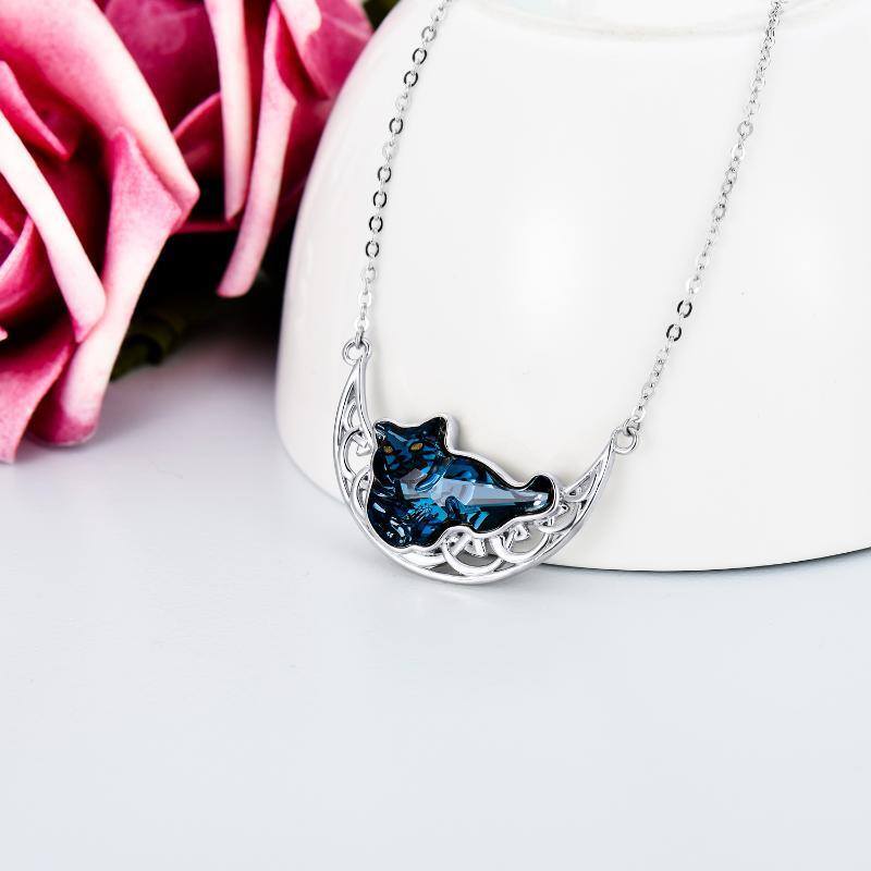 Collar con colgante de luna y nudo celta de gato y cristal de corazón de plata de ley para mujer-3