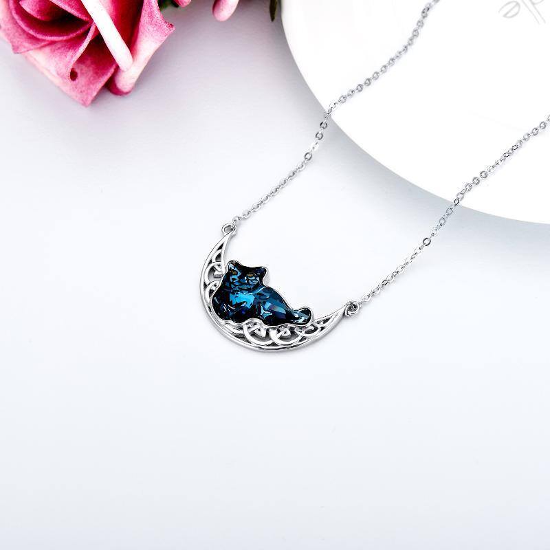 Collar con colgante de luna y nudo celta de gato y cristal de corazón de plata de ley para mujer-4