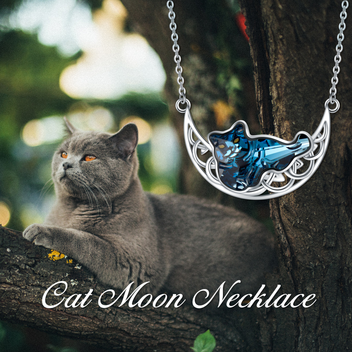 Collar con colgante de luna y nudo celta de gato y cristal de corazón de plata de ley para mujer-6