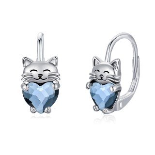 Sterling Silver Heart Shaped Crystal Cat Lever-back Earrings-7