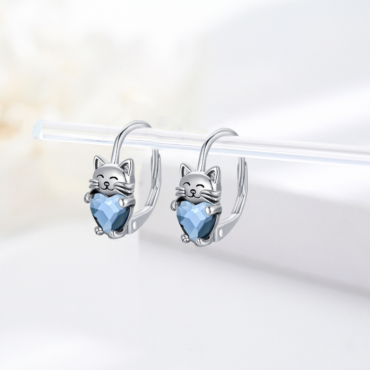 Sterling Silver Heart Shaped Crystal Cat Lever-back Earrings-3