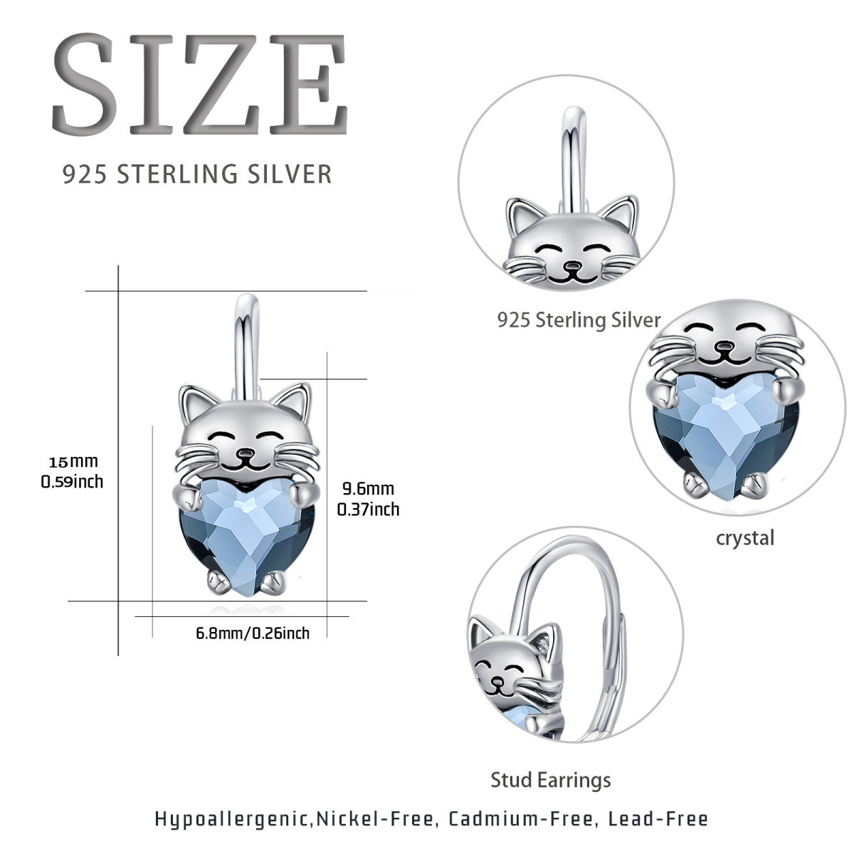 Sterling Silver Heart Shaped Crystal Cat Lever-back Earrings-5