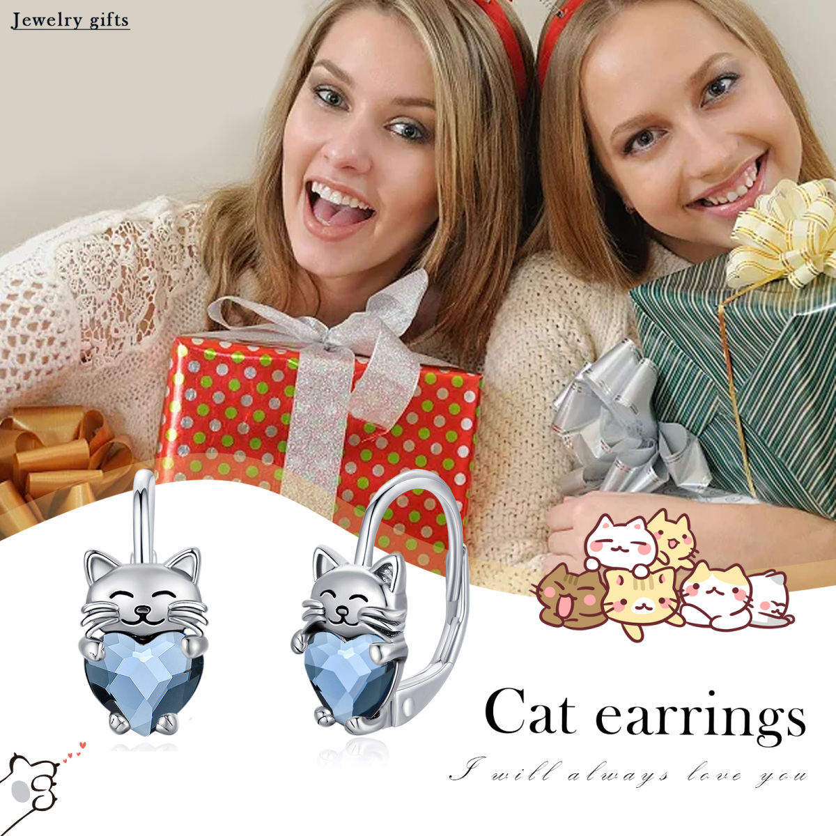 Boucles d'oreilles en argent sterling avec chat en cristal en forme de coeur-6