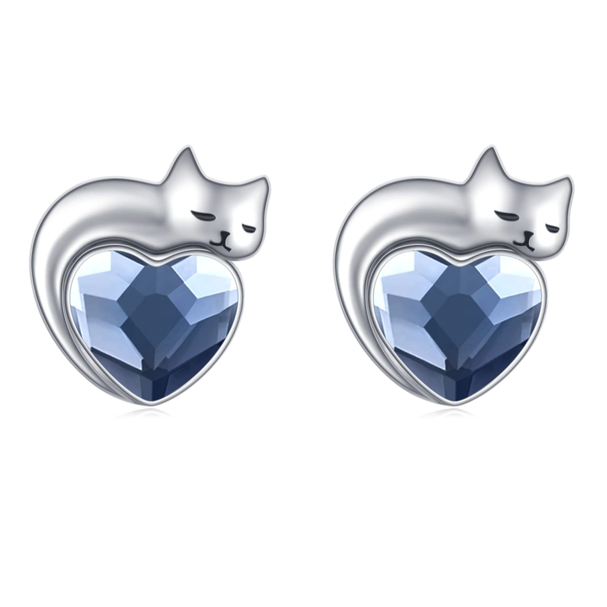 Sterling Silver Heart Crystal Cat Stud Earrings For Women-1