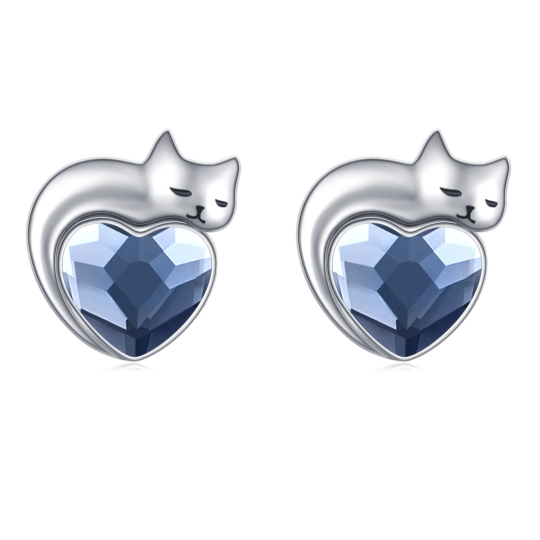 Sterling Silver Heart Crystal Cat Stud Earrings For Women