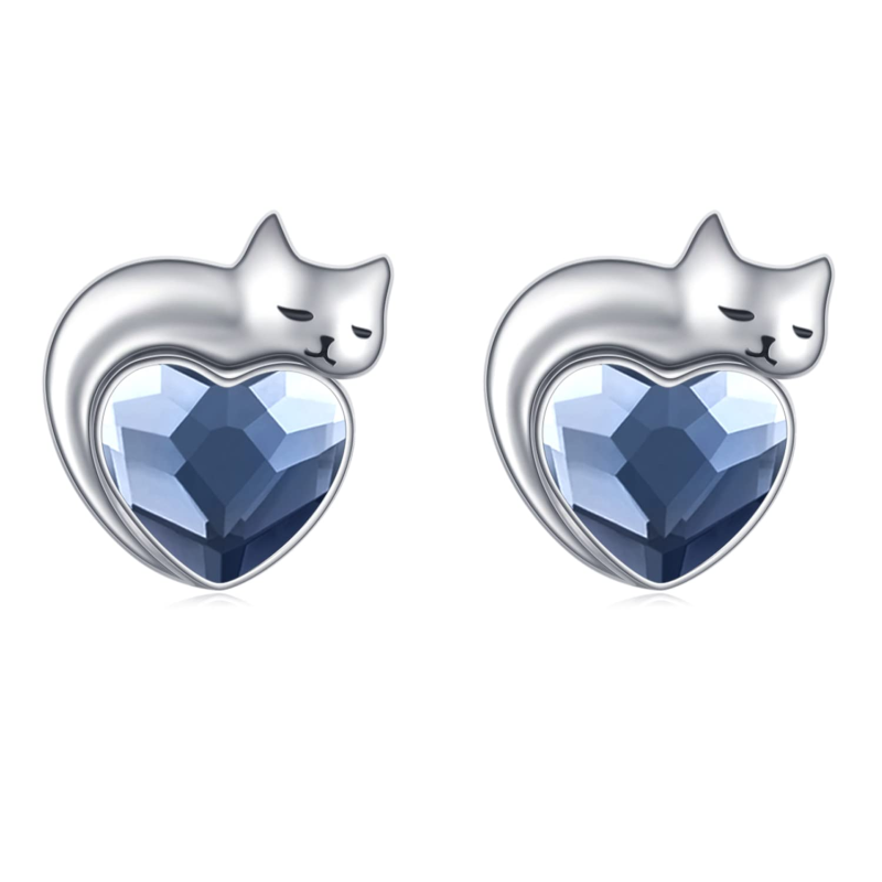 Sterling Silver Heart Crystal Cat Stud Earrings For Women-10