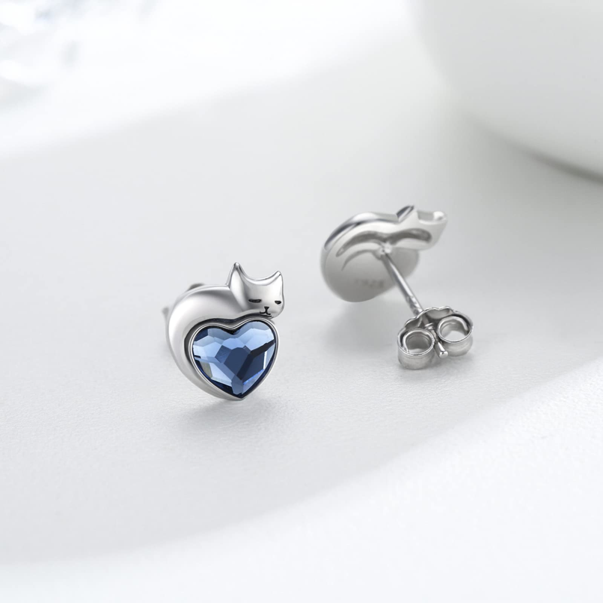 Sterling Silver Heart Crystal Cat Stud Earrings For Women-4