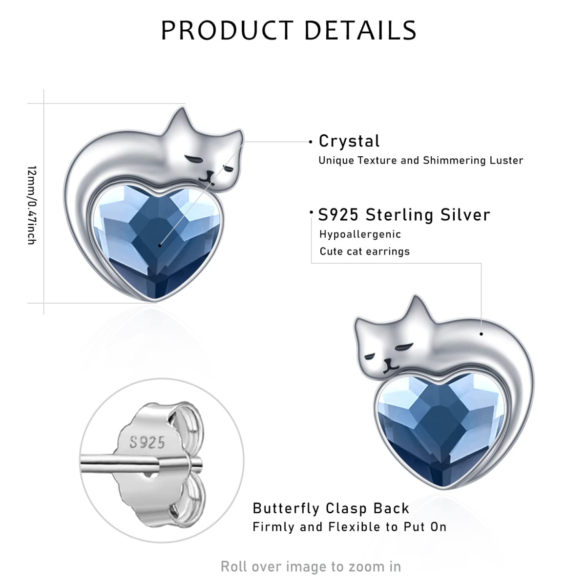 Sterling Silver Heart Crystal Cat Stud Earrings For Women-5