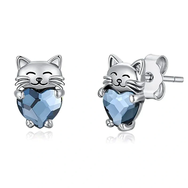 Sterling Silver Heart Shaped Crystal Cat Stud Earrings-1