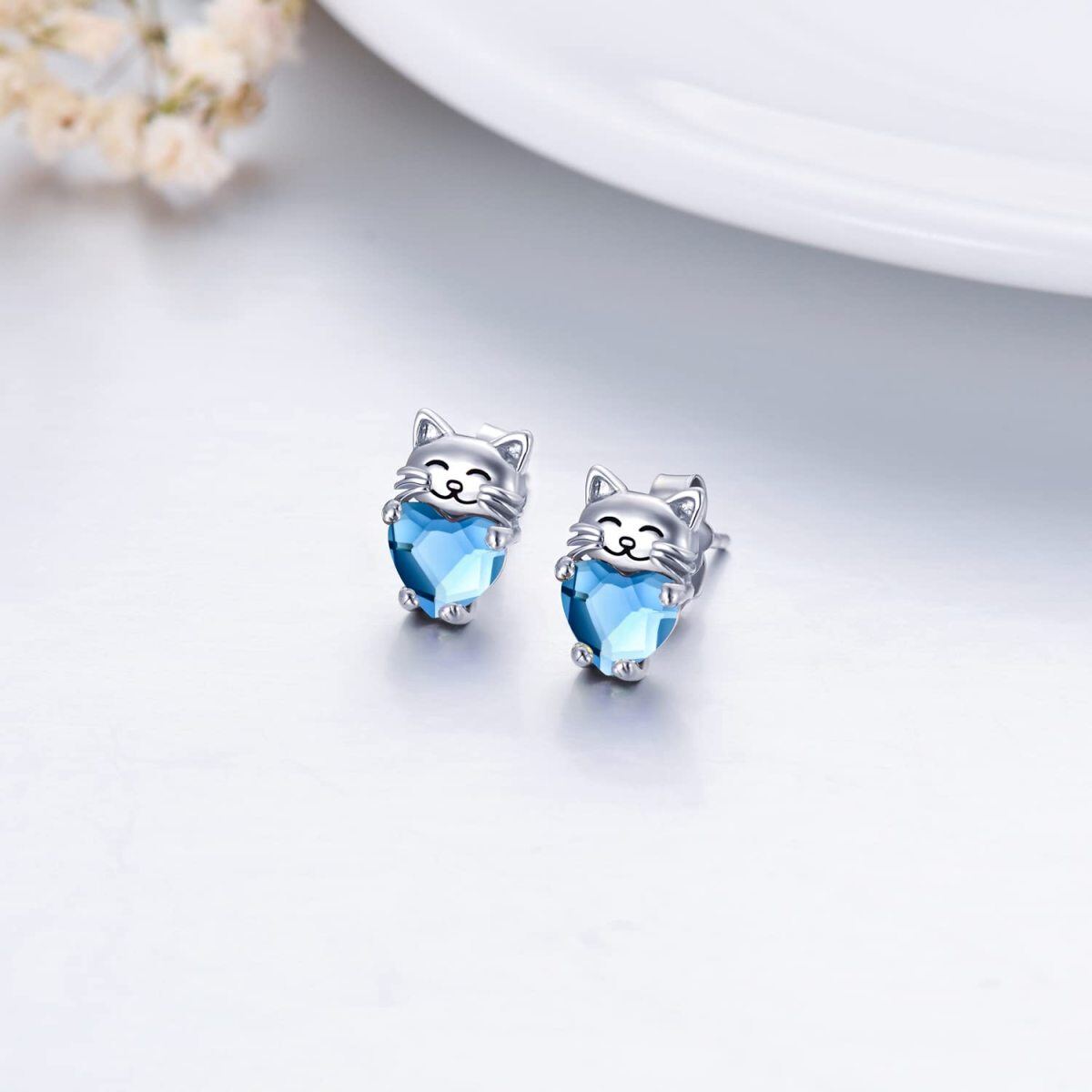 Sterling Silver Heart Shaped Crystal Cat Stud Earrings-3