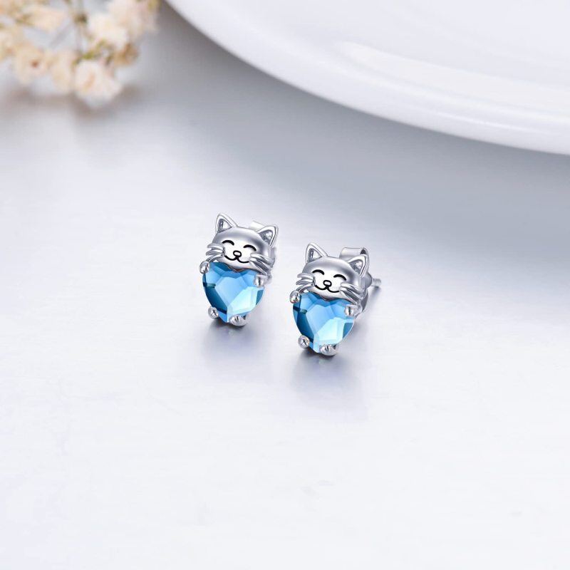 Boucles d'oreilles en argent sterling en forme de coeur de chat en cristal-3