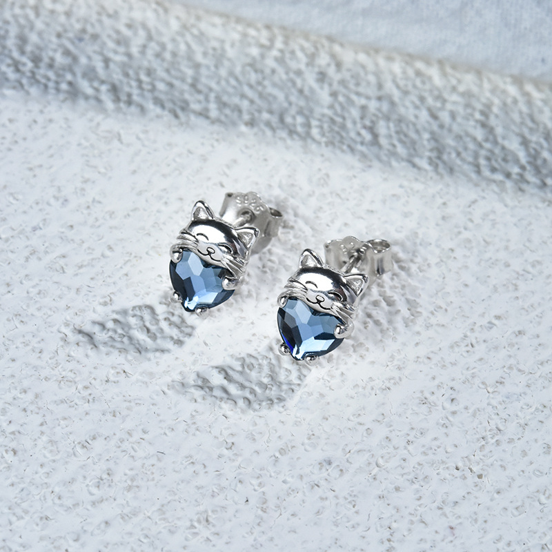 Boucles d'oreilles en argent sterling en forme de coeur de chat en cristal-4