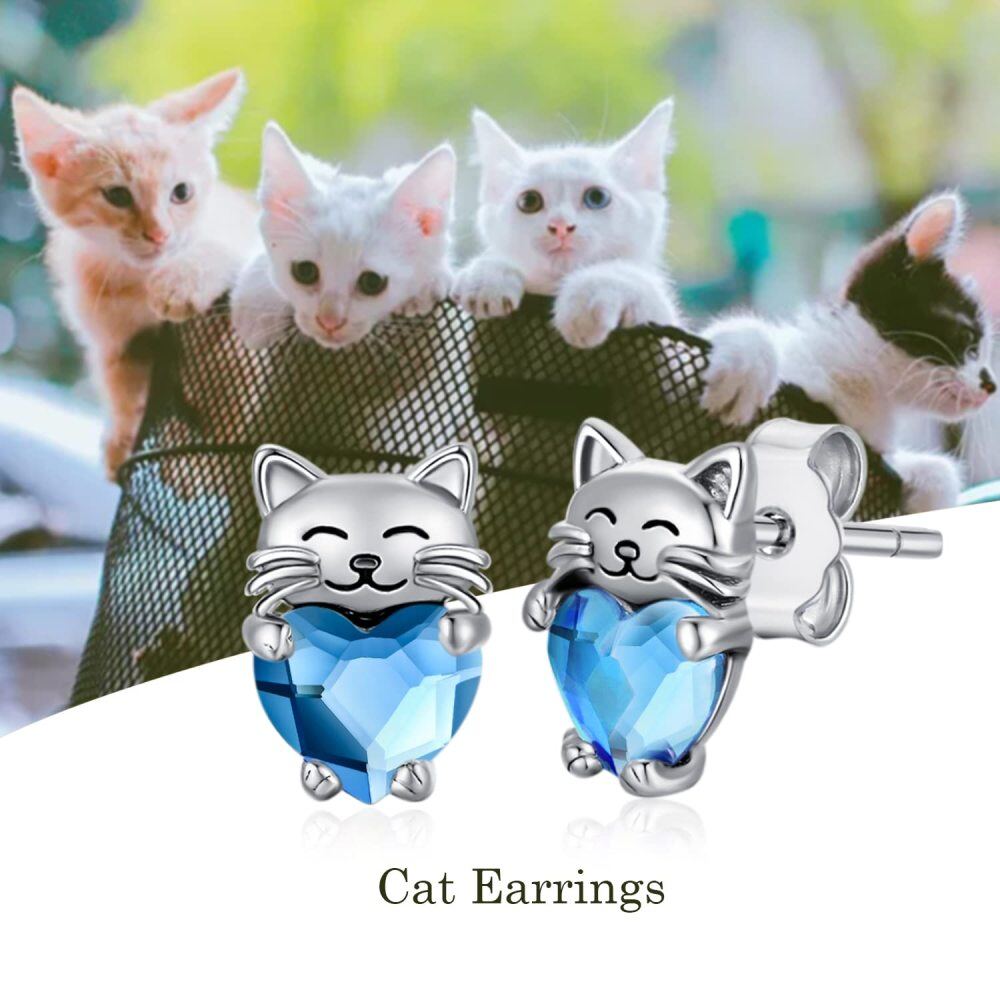 Sterling Silver Heart Shaped Crystal Cat Stud Earrings-5