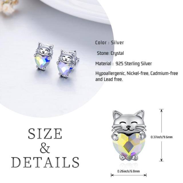 Sterling Silver Heart Shaped Crystal Cat Stud Earrings-7