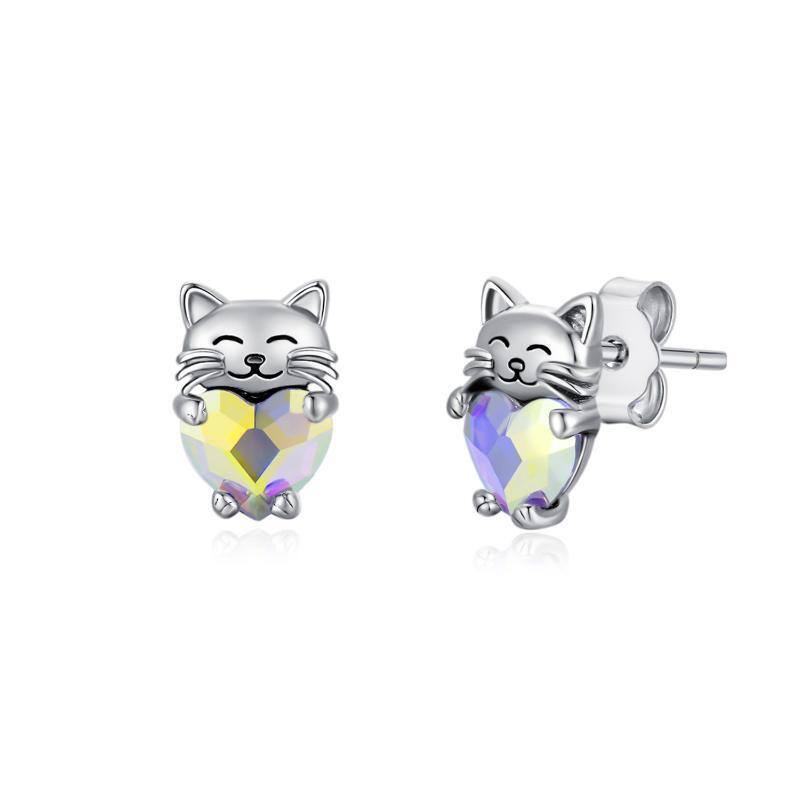 Sterling Silver Heart Shaped Crystal Cat Stud Earrings-1