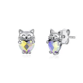 Sterling Silver Heart Shaped Crystal Cat Stud Earrings-47