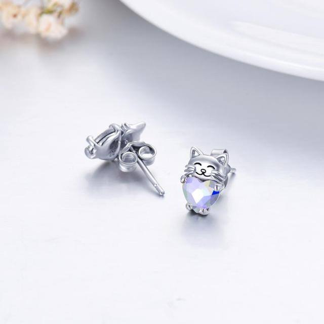 Sterling Silver Heart Shaped Crystal Cat Stud Earrings-3