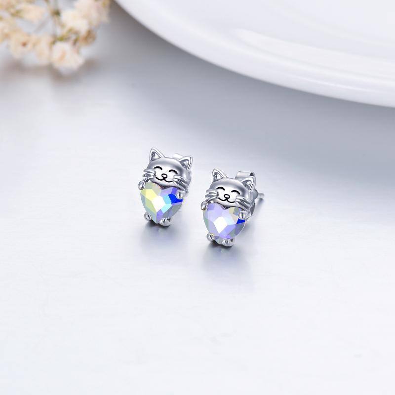 Sterling Silver Heart Shaped Crystal Cat Stud Earrings-4