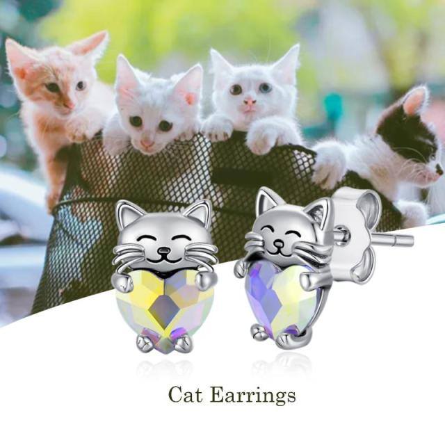 Sterling Silver Heart Shaped Crystal Cat Stud Earrings-5