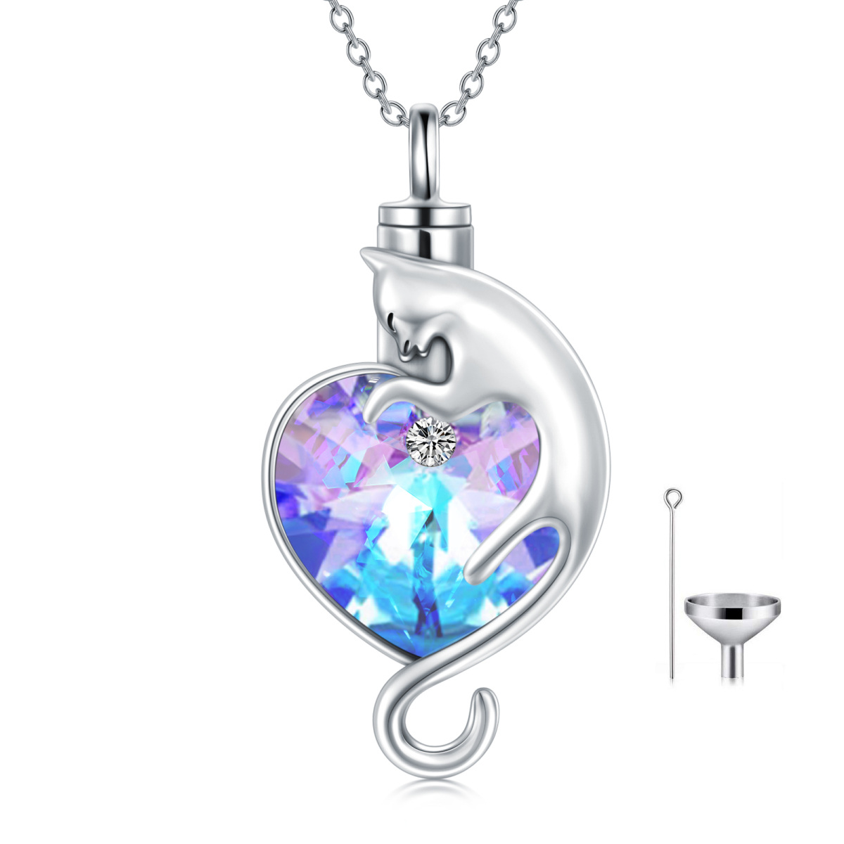 Collier en argent sterling avec chat en cristal et urne en forme de coeur-1